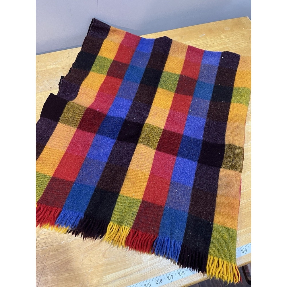 Vtg FARIBO 100% Pure Wool‎ Throw Lap Blanket Fringe Blue Red Yellow 44x52"
